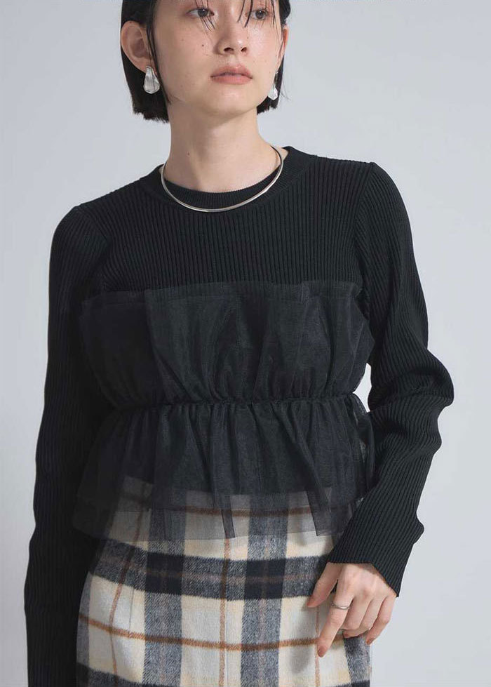 セーター ニットトップス カットソー レディース フリル 胸チュール ニットセーター プルオーバー チュール飾り 秋 冬 春 ゆるニット 長袖 可愛い 無地 シンプル きれいめ フリーサイズ ゆったり 体型カバー