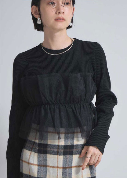 セーター ニットトップス カットソー レディース フリル 胸チュール ニットセーター プルオーバー チュール飾り 秋 冬 春 ゆるニット 長袖 可愛い 無地 シンプル きれいめ フリーサイズ ゆったり 体型カバー