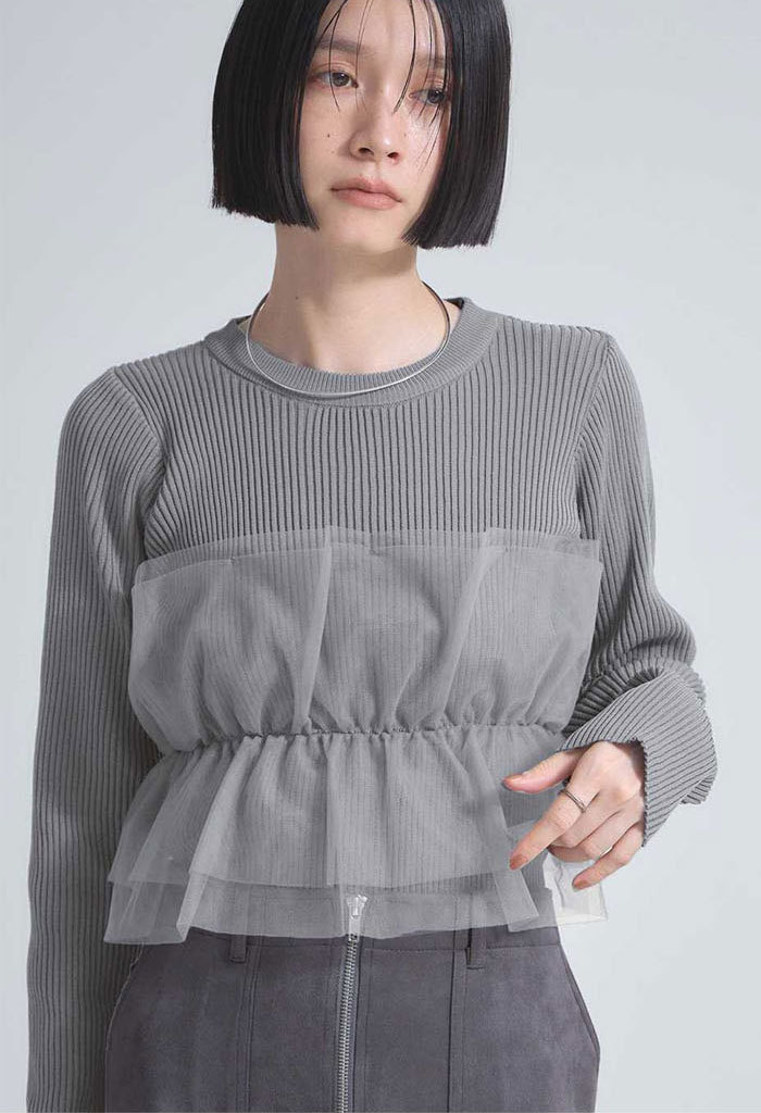 セーター ニットトップス カットソー レディース フリル 胸チュール ニットセーター プルオーバー チュール飾り 秋 冬 春 ゆるニット 長袖 可愛い 無地 シンプル きれいめ フリーサイズ ゆったり 体型カバー