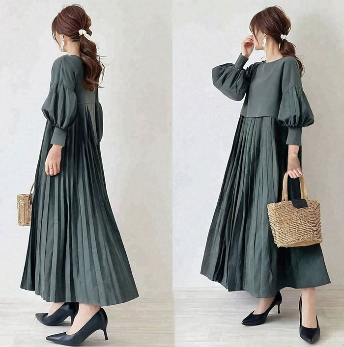 ギャザー ワンピース レディース 大人カジュアル きれいめ 綿混 パフスリーブ 長袖 フェミニン雰囲気 春秋 無地 大人可愛い カジュアル フォーマル 結婚式 ふんわり Aライン 披露宴 ロングワンピース ハイウエスト