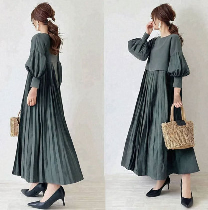 ギャザー ワンピース レディース 大人カジュアル きれいめ 綿混 パフスリーブ 長袖 フェミニン雰囲気 春秋 無地 大人可愛い カジュアル フォーマル 結婚式 ふんわり Aライン 披露宴 ロングワンピース ハイウエスト