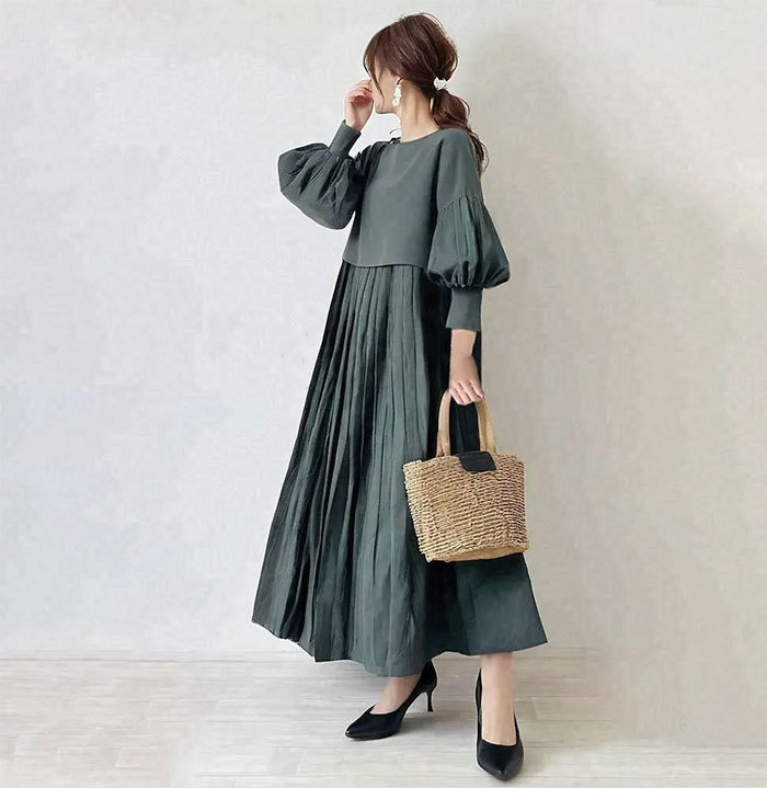 ワンピース ギャザー 綿混 パフスリーブ 切り替え ロング丈 長袖 フェミニン雰囲気 春秋 無地 大人可愛い カジュアル フォーマル 結婚式 ふんわり Aライン 披露宴 ロングワンピース 着痩せ きれいめ 高級感 上品 体型カバー