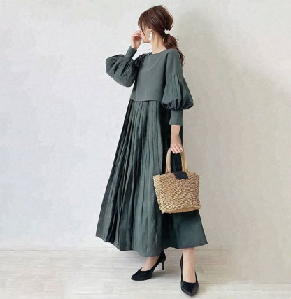 ワンピース ギャザー 綿混 パフスリーブ 切り替え ロング丈 長袖 フェミニン雰囲気 春秋 無地 大人可愛い カジュアル フォーマル 結婚式 ふんわり Aライン 披露宴 ロングワンピース 着痩せ きれいめ 高級感 上品 体型カバー