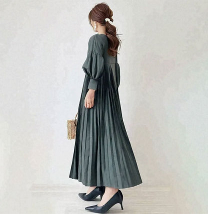ワンピース ギャザー 綿混 パフスリーブ 切り替え ロング丈 長袖 フェミニン雰囲気 春秋 無地 大人可愛い カジュアル フォーマル 結婚式 ふんわり Aライン 披露宴 ロングワンピース 着痩せ きれいめ 高級感 上品 体型カバー