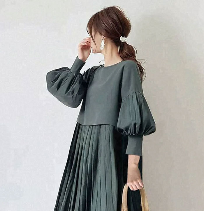 ワンピース ギャザー 綿混 パフスリーブ 切り替え ロング丈 長袖 フェミニン雰囲気 春秋 無地 大人可愛い カジュアル フォーマル 結婚式 ふんわり Aライン 披露宴 ロングワンピース 着痩せ きれいめ 高級感 上品 体型カバー