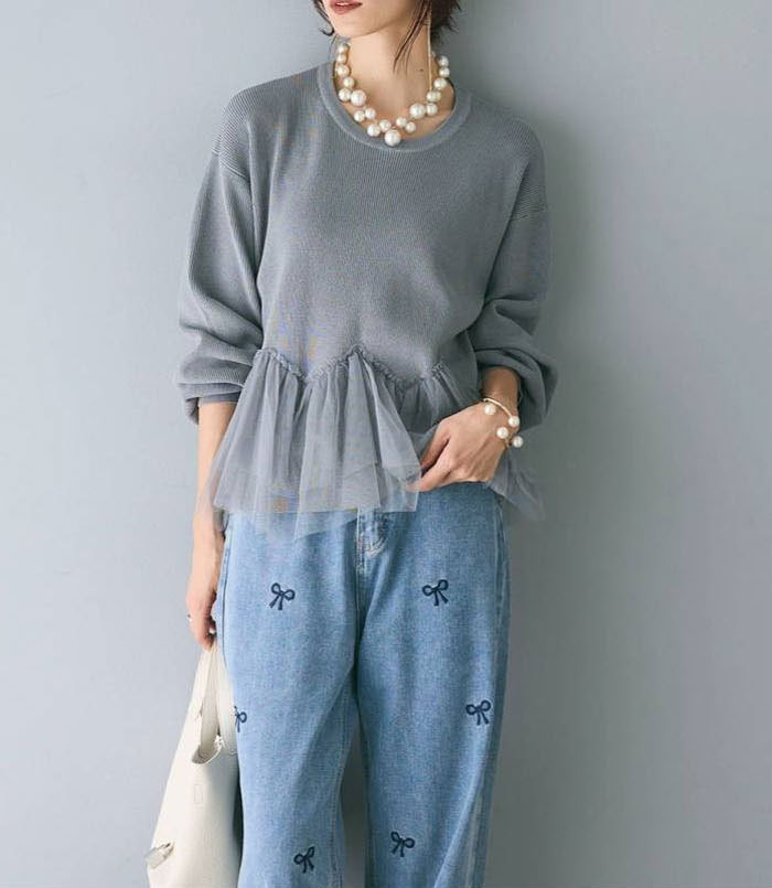 セーター 裾チュール ペプラム ニットトップス カットソー レディース フリル ニットセーター プルオーバー チュール切り替え 秋 冬 春 ゆるニット 長袖 可愛い 無地 シンプル きれいめ フリーサイズ ゆったり 体型カバー 学生 通勤 送料無料 30代 40代 50代