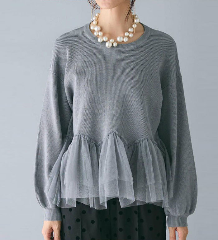 セーター 裾チュール ペプラム ニットトップス カットソー レディース フリル ニットセーター プルオーバー チュール切り替え 秋 冬 春 ゆるニット 長袖 可愛い 無地 シンプル きれいめ フリーサイズ ゆったり 体型カバー 学生 通勤 送料無料 30代 40代 50代