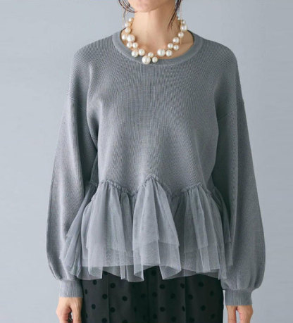 セーター 裾チュール ペプラム ニットトップス カットソー レディース フリル ニットセーター プルオーバー チュール切り替え 秋 冬 春 ゆるニット 長袖 可愛い 無地 シンプル きれいめ フリーサイズ ゆったり 体型カバー 学生 通勤 送料無料 30代 40代 50代
