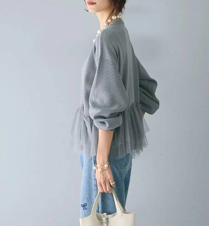 セーター 裾チュール ペプラム ニットトップス カットソー レディース フリル ニットセーター プルオーバー チュール切り替え 秋 冬 春 ゆるニット 長袖 可愛い 無地 シンプル きれいめ フリーサイズ ゆったり 体型カバー 学生 通勤 送料無料 30代 40代 50代