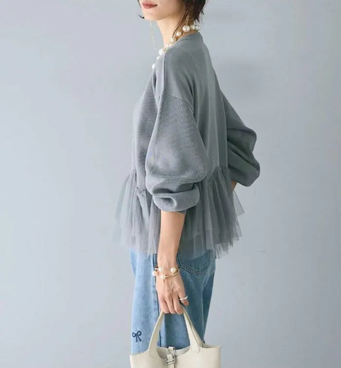 セーター 裾チュール ペプラム ニットトップス カットソー レディース フリル ニットセーター プルオーバー チュール切り替え 秋 冬 春 ゆるニット 長袖 可愛い 無地 シンプル きれいめ フリーサイズ ゆったり 体型カバー 学生 通勤 送料無料 30代 40代 50代