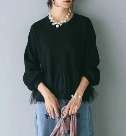 セーター 裾チュール ペプラム ニットトップス カットソー レディース フリル ニットセーター プルオーバー チュール切り替え 秋 冬 春 ゆるニット 長袖 可愛い 無地 シンプル きれいめ フリーサイズ ゆったり 体型カバー 学生 通勤 送料無料 30代 40代 50代