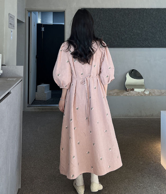 ロングワンピース 綿混 刺繍 パフスリーブ 七分袖 レディース きれいめ 春秋 大きいサイズ ロングワンピース ロング Aライン ワンピ ロング丈 ゆったり 大人 可愛い 体型カバー 送料無料 着痩せ