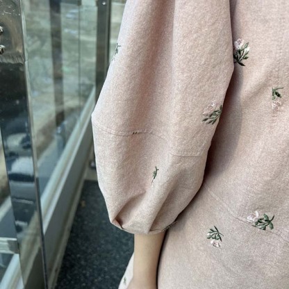 ロングワンピース 綿混 刺繍 パフスリーブ 七分袖 レディース きれいめ 春秋 大きいサイズ ロングワンピース ロング Aライン ワンピ ロング丈 ゆったり 大人 可愛い 体型カバー 送料無料 着痩せ