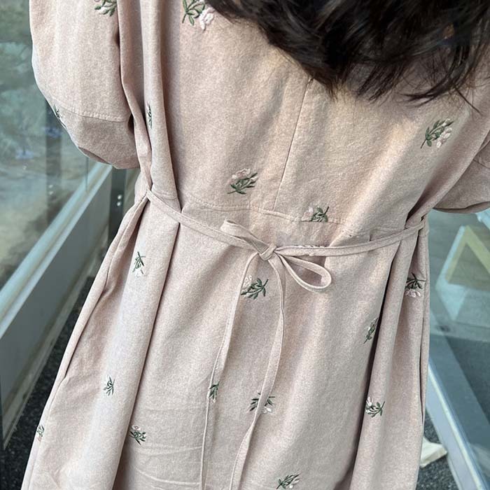 ロングワンピース 綿混 刺繍 パフスリーブ 七分袖 レディース きれいめ 春秋 大きいサイズ ロングワンピース ロング Aライン ワンピ ロング丈 ゆったり 大人 可愛い 体型カバー 送料無料 着痩せ
