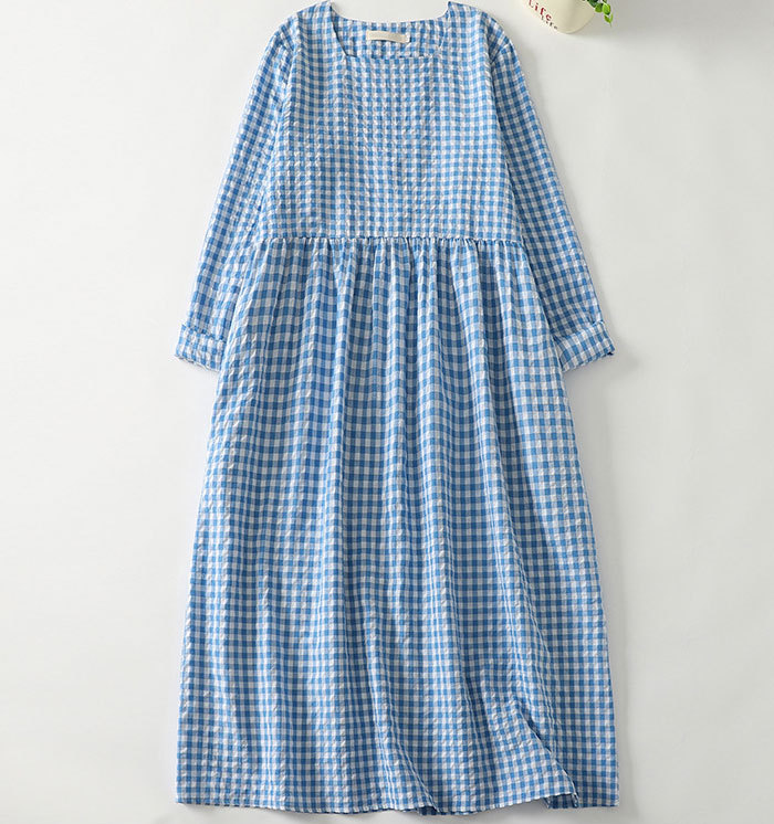 ワンピース レディース ロングワンピース 綿麻ワンピ 長袖 シンプル 凹凸感 チェック柄 体型カバー ゆるっと ミモレ 無地 春 夏 カジュアル 綿麻 ナチュラル プレゼント 大人可愛い 送料無料 30代 40代 50代 大きいサイズ