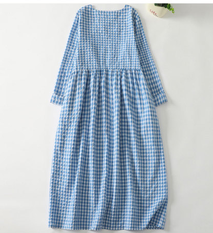 ワンピース レディース ロングワンピース 綿麻ワンピ 長袖 シンプル 凹凸感 チェック柄 体型カバー ゆるっと ミモレ 無地 春 夏 カジュアル 綿麻 ナチュラル プレゼント 大人可愛い 送料無料 30代 40代 50代 大きいサイズ