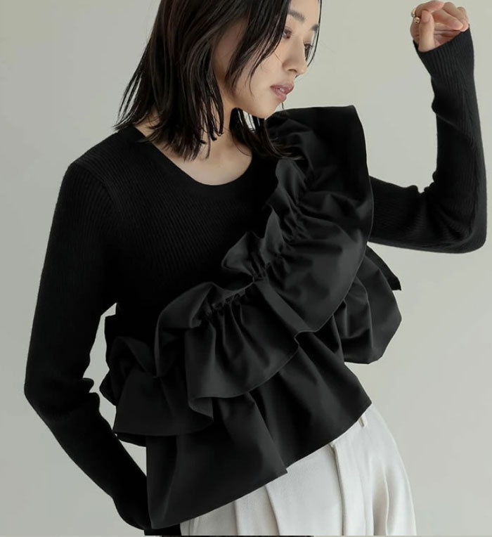 セーター フリル プルオーバー 春 秋 冬 レディース ニットブラウス 暖かめ レイヤード風 カットソー ゆったり 大きいサイズ トレンド チュールドッキングカットソー プルオーバー チュール飾り 長袖 可愛い ビスチェ風