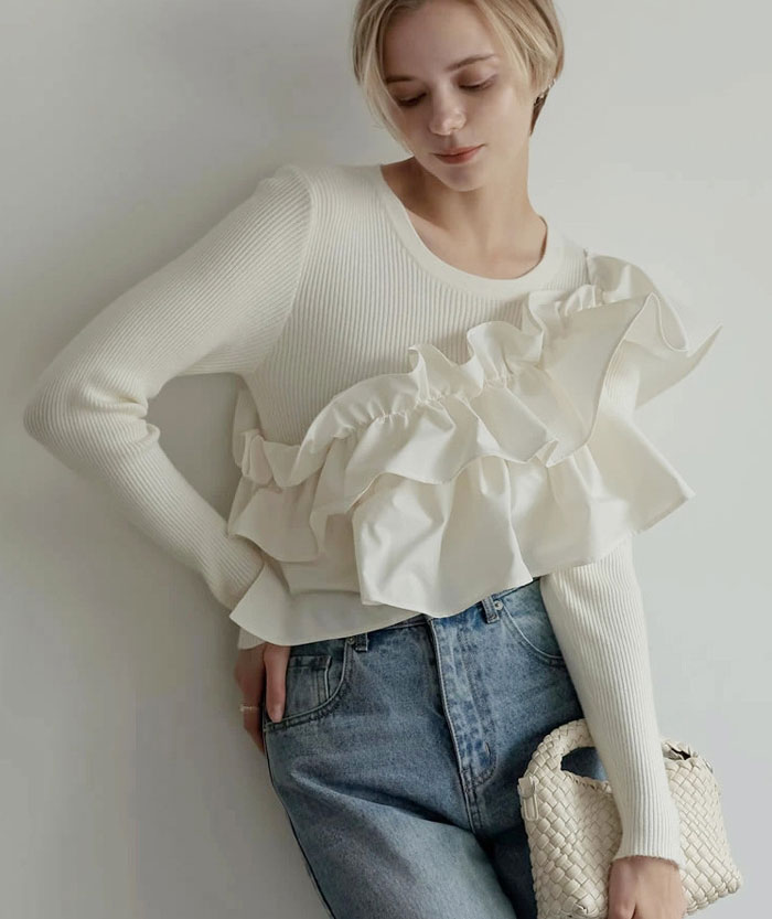 セーター フリル プルオーバー 春 秋 冬 レディース ニットブラウス 暖かめ レイヤード風 カットソー ゆったり 大きいサイズ トレンド チュールドッキングカットソー プルオーバー チュール飾り 長袖 可愛い ビスチェ風
