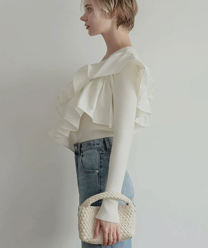 セーター フリル プルオーバー 春 秋 冬 レディース ニットブラウス 暖かめ レイヤード風 カットソー ゆったり 大きいサイズ トレンド チュールドッキングカットソー プルオーバー チュール飾り 長袖 可愛い ビスチェ風