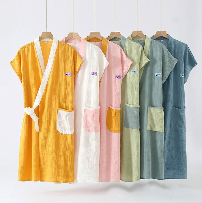 6色！春夏秋 ガーゼコットン ガーゼ 綿100% ダブルガーゼ 薄手いバスローブ レディース メンズ 速乾バスローブ 風呂 温泉 ナイトガウン ミディアムロングバスローブ 部屋着 寝間着