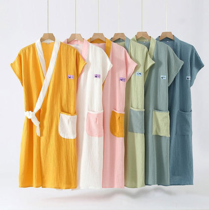 6色！春夏秋 ガーゼコットン ガーゼ 綿100% ダブルガーゼ 薄手いバスローブ レディース メンズ 速乾バスローブ 風呂 温泉 ナイトガウン ミディアムロングバスローブ 部屋着 寝間着