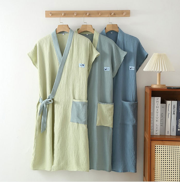 6色！春夏秋 ガーゼコットン ガーゼ 綿100% ダブルガーゼ 薄手いバスローブ レディース メンズ 速乾バスローブ 風呂 温泉 ナイトガウン ミディアムロングバスローブ 部屋着 寝間着