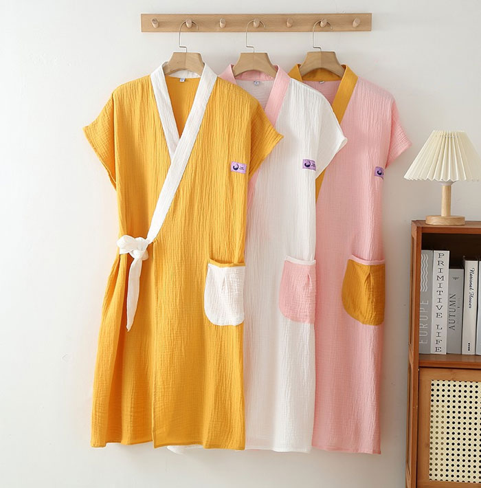 6色！春夏秋 ガーゼコットン ガーゼ 綿100% ダブルガーゼ 薄手いバスローブ レディース メンズ 速乾バスローブ 風呂 温泉 ナイトガウン ミディアムロングバスローブ 部屋着 寝間着