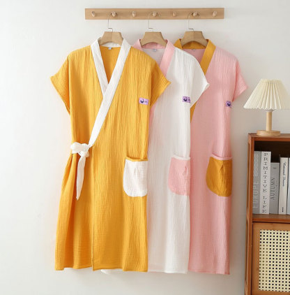 6色！春夏秋 ガーゼコットン ガーゼ 綿100% ダブルガーゼ 薄手いバスローブ レディース メンズ 速乾バスローブ 風呂 温泉 ナイトガウン ミディアムロングバスローブ 部屋着 寝間着