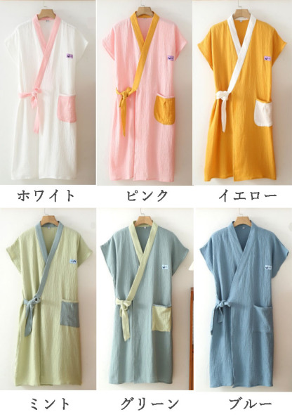 6色！春夏秋 ガーゼコットン ガーゼ 綿100% ダブルガーゼ 薄手いバスローブ レディース メンズ 速乾バスローブ 風呂 温泉 ナイトガウン ミディアムロングバスローブ 部屋着 寝間着