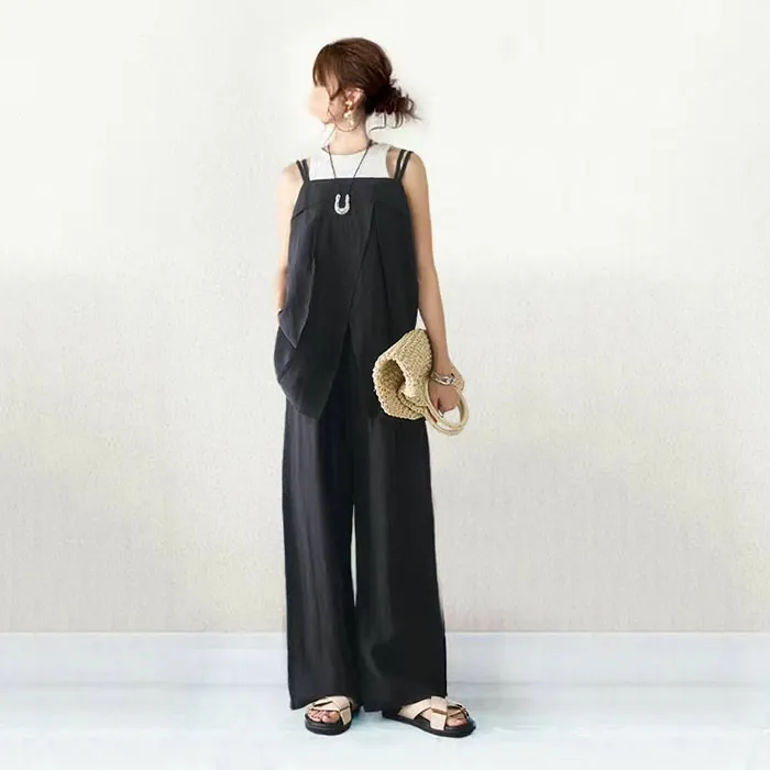 セットアップ レディース ビスチェ キャミソール カジュアル プリーツ ペプラム キャミ 上下セット 夏 ワイドパンツ 綿混 ウエストゴム キャミセットアップ ゆるゆる 可愛い お出かけ ゆったり 涼しげ おしゃれ 着痩せ 旅行 デート 女子会 春夏 重ね着 レイヤード風