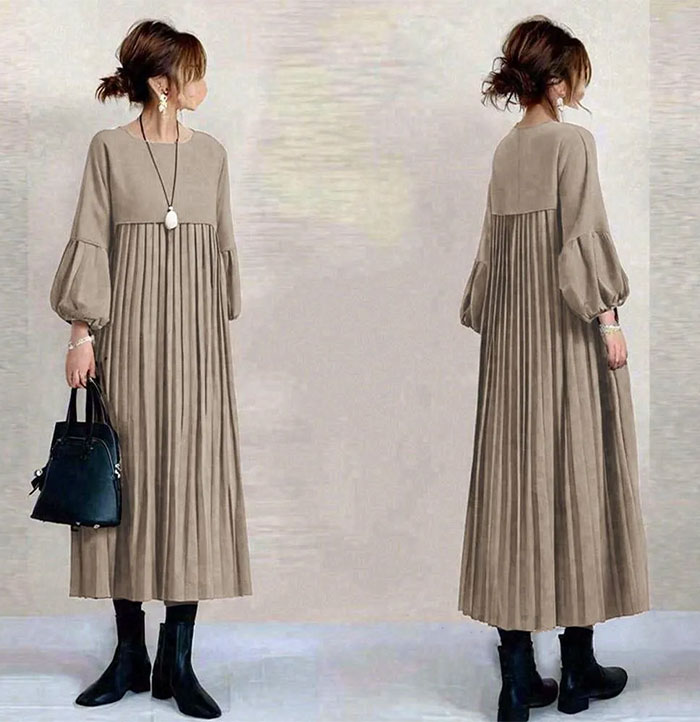 ギャザーワンピース 長袖 レディース 大きいサイズ ロング マキシワンピース きれいめ ミモレ丈 無地 ワンピース ハイウエスト カジュアル 透けない パフスリーブ 春 ぽわん袖 ロングワンピース おしゃれ ゆったり 無地 送料無料