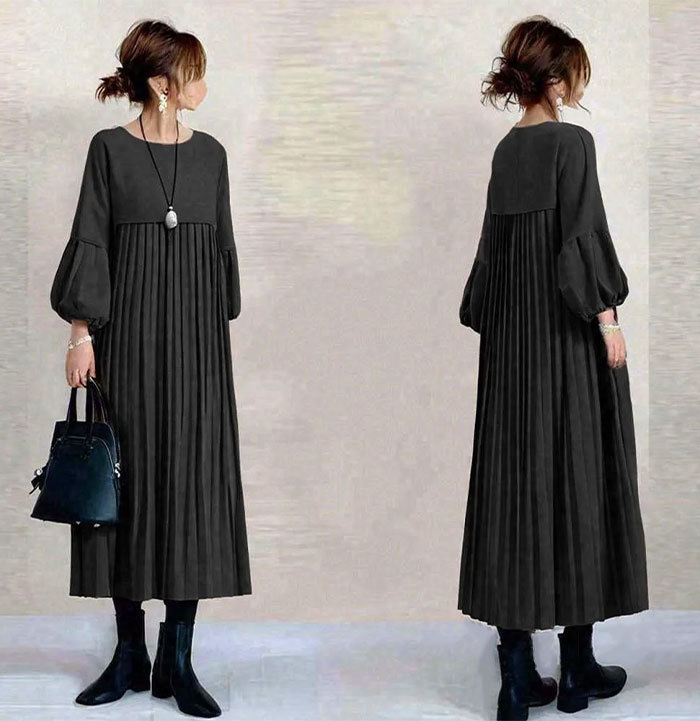 ギャザーワンピース 長袖 レディース 大きいサイズ ロング マキシワンピース きれいめ ミモレ丈 無地 ワンピース ハイウエスト カジュアル 透けない パフスリーブ 春 ぽわん袖 ロングワンピース おしゃれ ゆったり 無地 送料無料