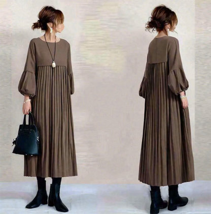 ギャザーワンピース 長袖 レディース 大きいサイズ ロング マキシワンピース きれいめ ミモレ丈 無地 ワンピース ハイウエスト カジュアル 透けない パフスリーブ 春 ぽわん袖 ロングワンピース おしゃれ ゆったり 無地 送料無料