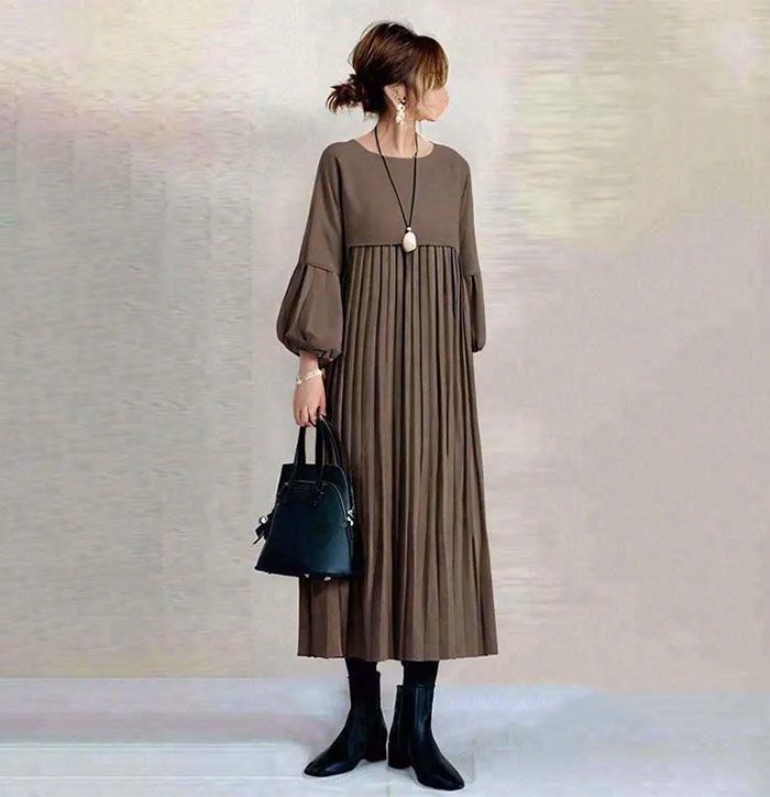 ギャザーワンピース 長袖 レディース 大きいサイズ ロング マキシワンピース きれいめ ミモレ丈 無地 ワンピース ハイウエスト カジュアル 透けない パフスリーブ 春 ぽわん袖 ロングワンピース おしゃれ ゆったり 無地 送料無料