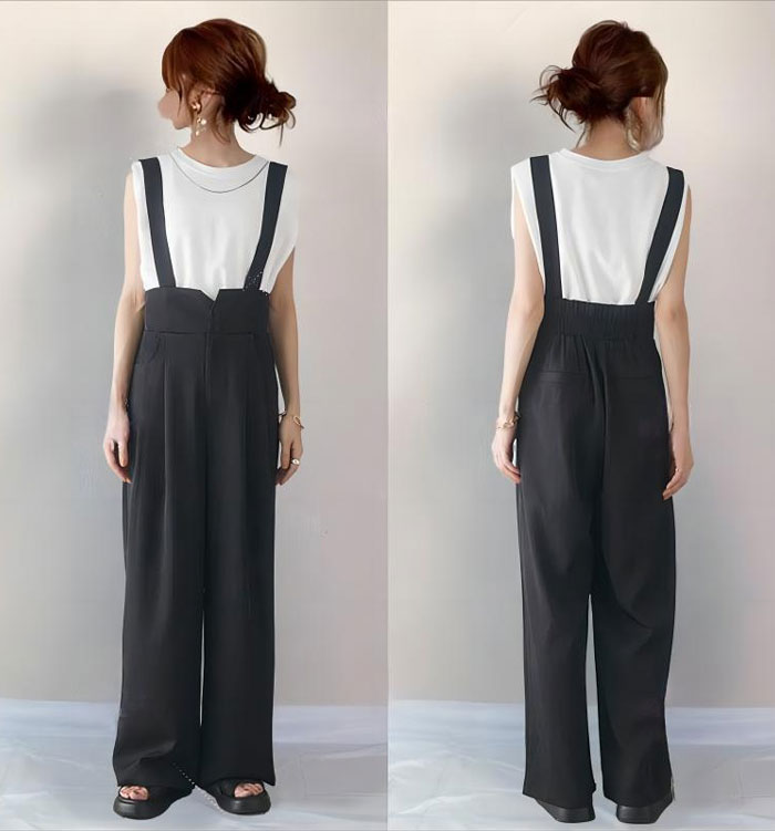 パンツ サロペット スラックス ハイウエスト タック ワイドパンツ 春夏 夏 レディース 上品 きれいめ オフィスカジュアル キャミサロペット ワイドパンツ 大人可愛い レイヤード風 重ね着