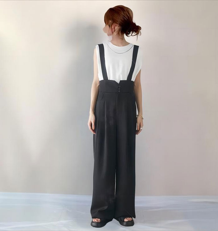 パンツ サロペット スラックス ハイウエスト タック ワイドパンツ 春夏 夏 レディース 上品 きれいめ オフィスカジュアル キャミサロペット ワイドパンツ 大人可愛い レイヤード風 重ね着