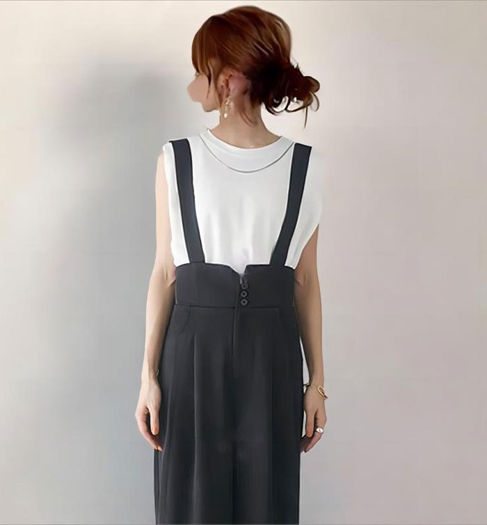 パンツ サロペット スラックス ハイウエスト タック ワイドパンツ 春夏 夏 レディース 上品 きれいめ オフィスカジュアル キャミサロペット ワイドパンツ 大人可愛い レイヤード風 重ね着