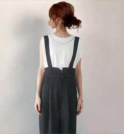 パンツ サロペット スラックス ハイウエスト タック ワイドパンツ 春夏 夏 レディース 上品 きれいめ オフィスカジュアル キャミサロペット ワイドパンツ 大人可愛い レイヤード風 重ね着