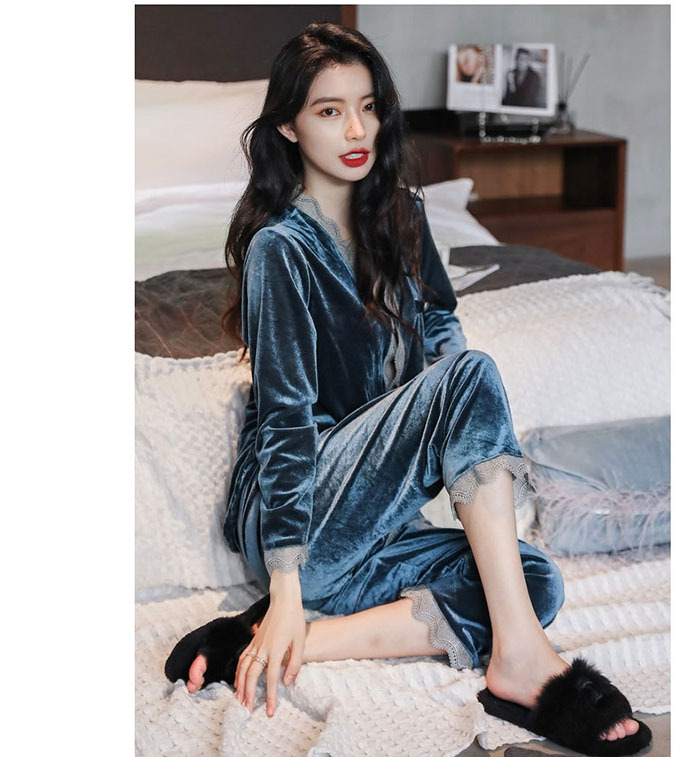 ルームウェア　パジャマ　前開き　部屋着　2点セット　上下セット　レディース　ベロア　ベルベット　長袖　ロングパンツ　可愛い　秋冬　ナイトドレス　ナイトウエア　寝間着　柔らかい　暖かい　おしゃれ　上品　高級感　光沢感　洗える