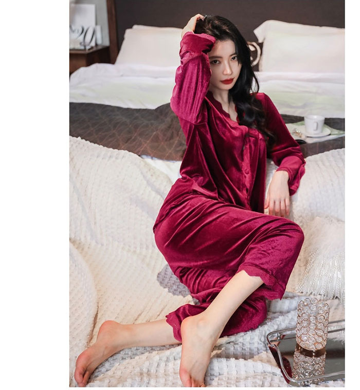 ルームウェア　パジャマ　前開き　部屋着　2点セット　上下セット　レディース　ベロア　ベルベット　長袖　ロングパンツ　可愛い　秋冬　ナイトドレス　ナイトウエア　寝間着　柔らかい　暖かい　おしゃれ　上品　高級感　光沢感　洗える