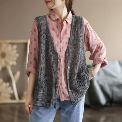 かぎ編み ベスト サマーベスト レディース 春 夏 サマーニットベスト 前開き 羽織 透かし編み トップス ベスト クロシェ編み レイヤード 重ね着 ノースリーブ サマーニット おしゃれ きれいめ 透け 大人可愛い