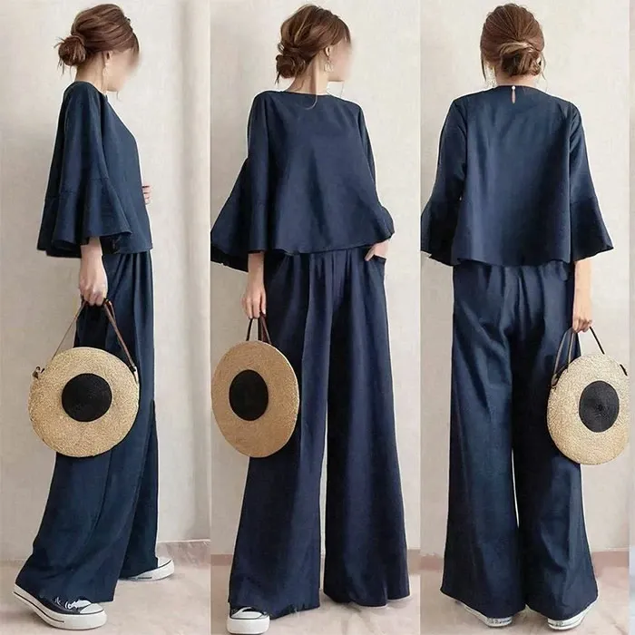 セットアップ ロングパンツ 2点セット パンツドレス 七分袖 フレア袖 ワイドパンツ ママスーツ レディース 春秋 春夏 パンツスーツ 女の子 結婚式 卒業式 入学式 大人 上品 ハイウエスト おしゃれ 体型カバー ゆったり OL 社会人 着回し