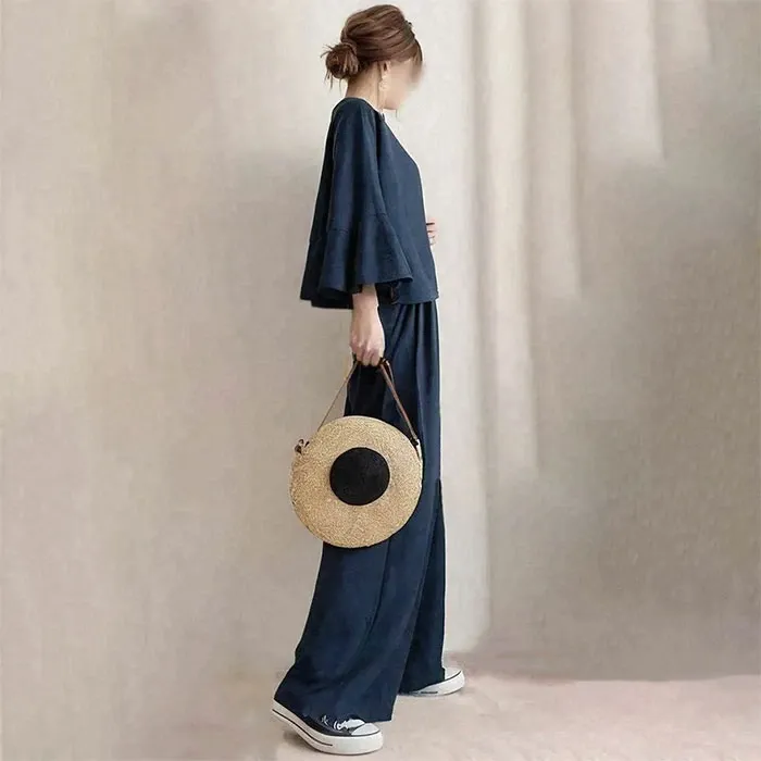 セットアップ ロングパンツ 2点セット パンツドレス 七分袖 フレア袖 ワイドパンツ ママスーツ レディース 春秋 春夏 パンツスーツ 女の子 結婚式 卒業式 入学式 大人 上品 ハイウエスト おしゃれ 体型カバー ゆったり OL 社会人 着回し