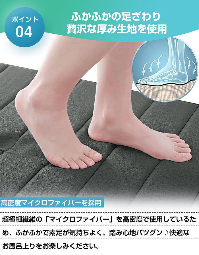 バスマット 速乾 洗える 吸水 お風呂マット ふんわり 低反発足ふきマット 洗える 滑り止め ソフトタッチ 洗濯 台所 脱衣場 キッチン 玄関やわらかマット グレー 40x60cm