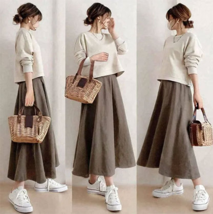 春秋 スカート セットアップ 2点セット ロングスカート Aライン ロング丈 大人可愛い 長袖 レディース トップス 上下 セット ゆったり 体型カバー マキシ丈 ロング カジュアル ゴムウエスト