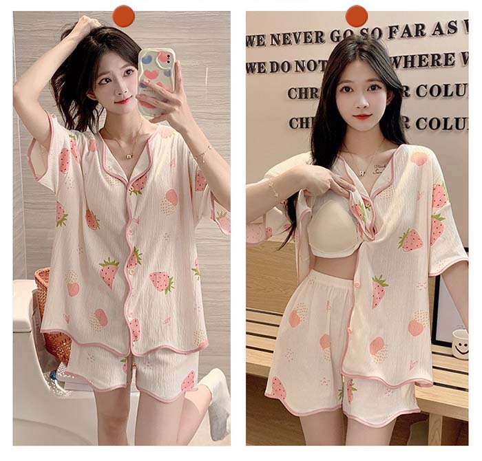 ルームウエア　パッド付　レディース　女性用　綿　前開き　半袖　短パンツ　総柄　部屋着　セットアップ　上下セット　パジャマ　ナイトウエア　ふんわり　やわらか　お肌にやさしい