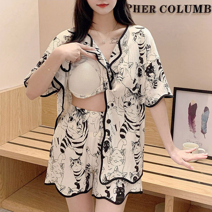 ルームウエア　パッド付　レディース　女性用　綿　前開き　半袖　短パンツ　総柄　部屋着　セットアップ　上下セット　パジャマ　ナイトウエア　ふんわり　やわらか　お肌にやさしい