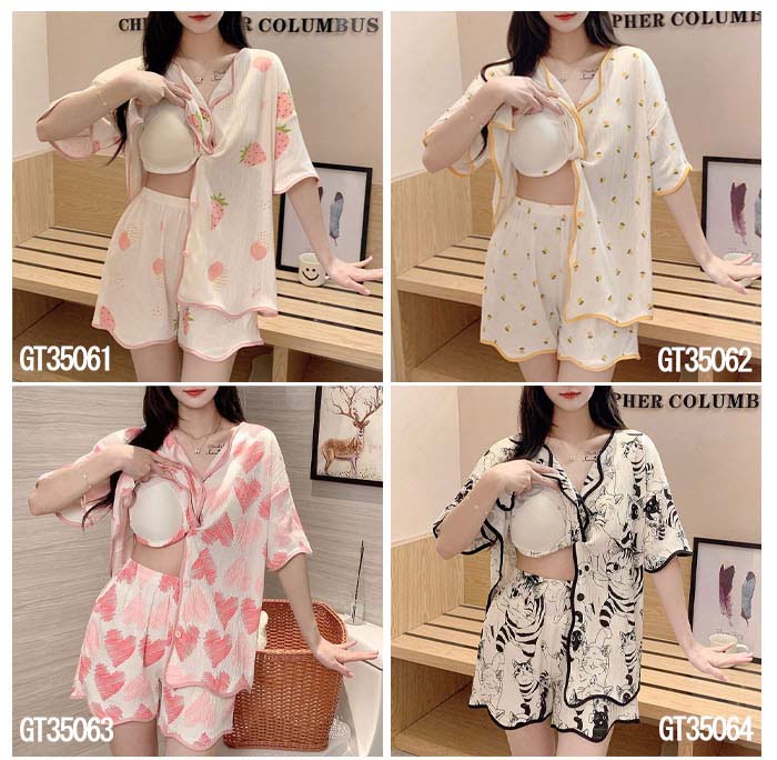 ルームウエア　パッド付　レディース　女性用　綿　前開き　半袖　短パンツ　総柄　部屋着　セットアップ　上下セット　パジャマ　ナイトウエア　ふんわり　やわらか　お肌にやさしい
