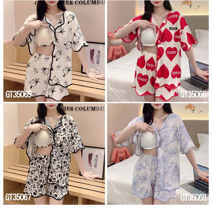 ルームウエア　パッド付　レディース　女性用　綿　前開き　半袖　短パンツ　総柄　部屋着　セットアップ　上下セット　パジャマ　ナイトウエア　ふんわり　やわらか　お肌にやさしい