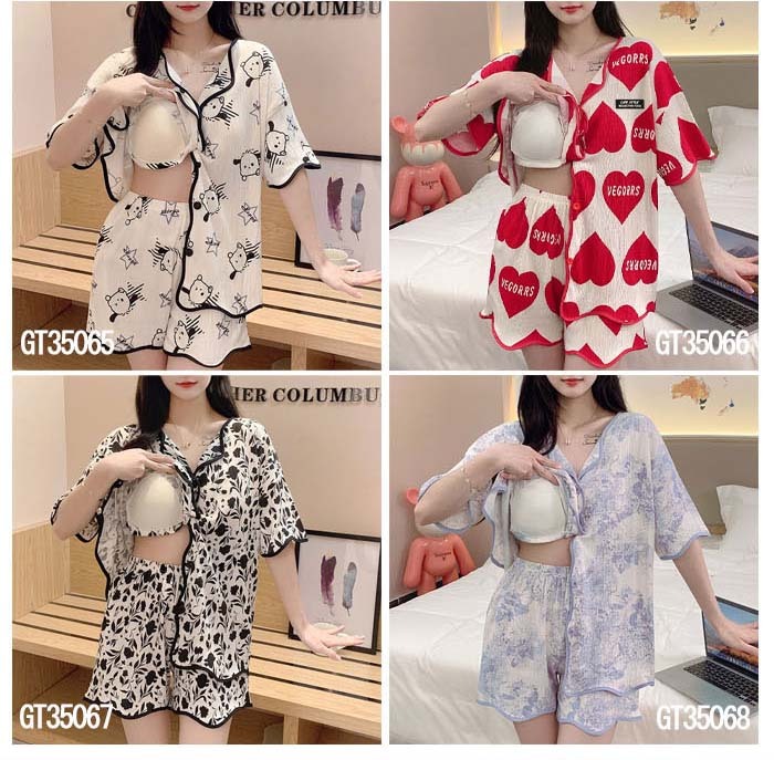 ルームウエア　パッド付　レディース　女性用　綿　前開き　半袖　短パンツ　総柄　部屋着　セットアップ　上下セット　パジャマ　ナイトウエア　ふんわり　やわらか　お肌にやさしい